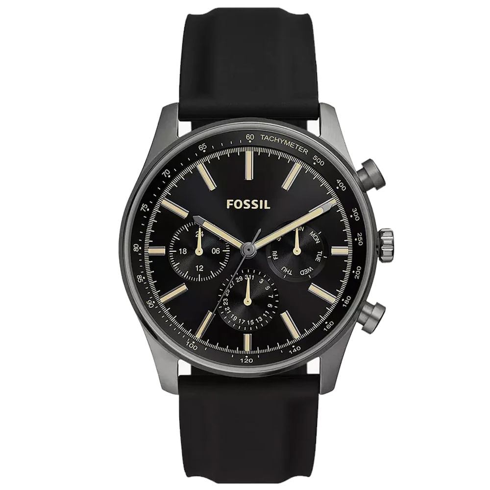 Reloj Fossil Sullivan BQ2746 Multifuncional Acero Inoxidable Gunmetal Correa Silicona Negro