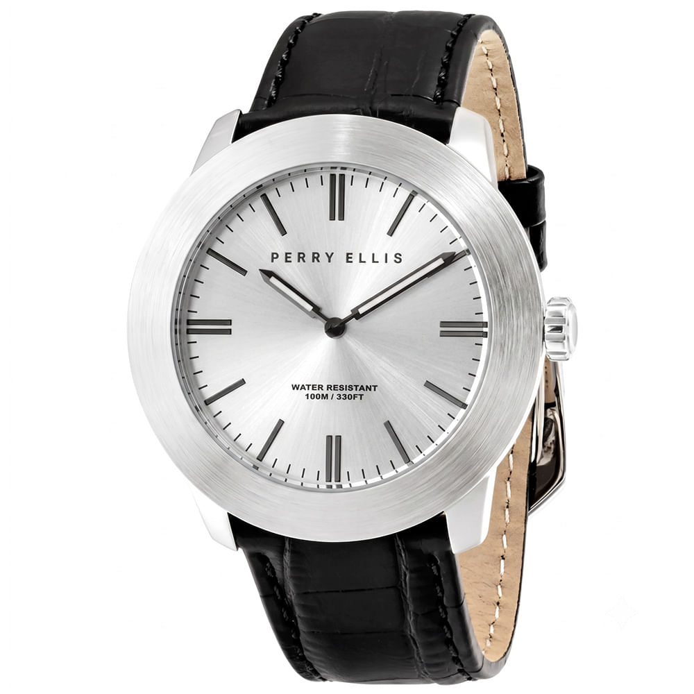 Reloj Perry Ellis Slim Line 46 03012-01 Correa de Cuero Negro Dial Plateado