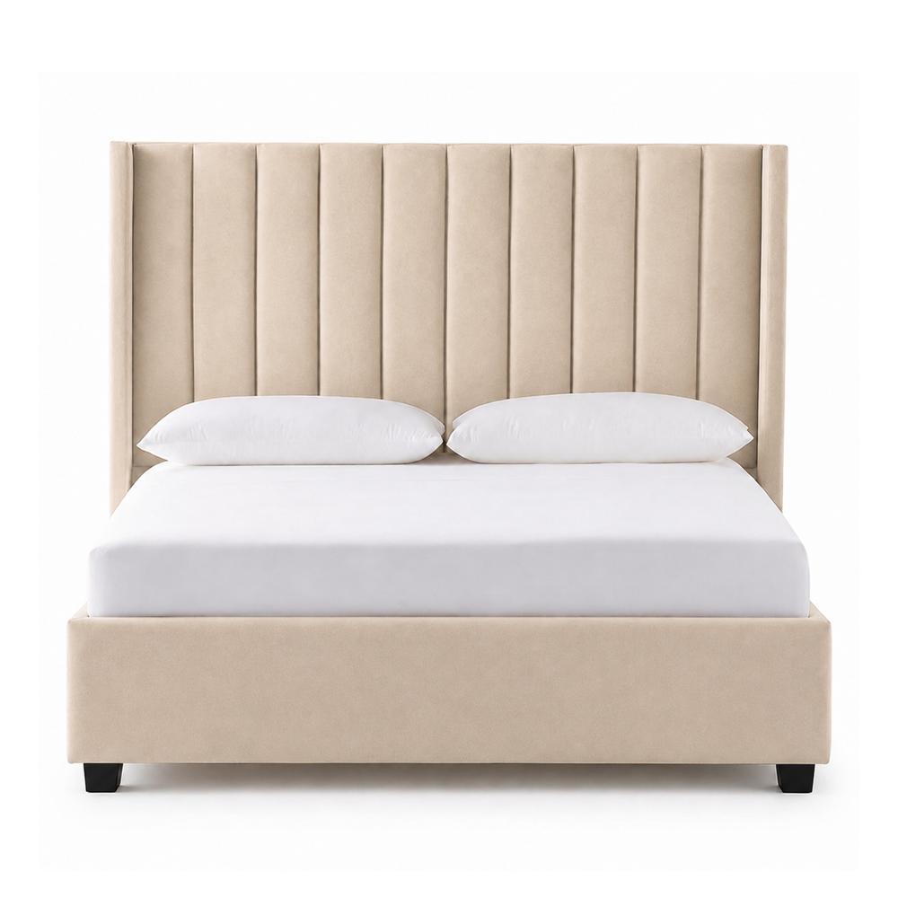Cama Tapizada Listón con Patas de Madera LeMueble Queen Beige