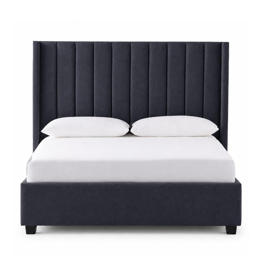 Cama Tapizada Listón con Patas de Madera LeMueble Queen Gris Oscuro