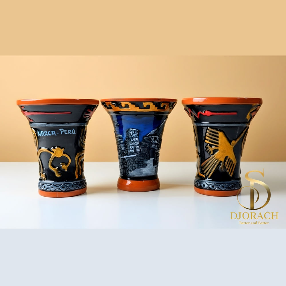Vaso Kero de ceramica artesanal texturizadon Lineas de Nazca