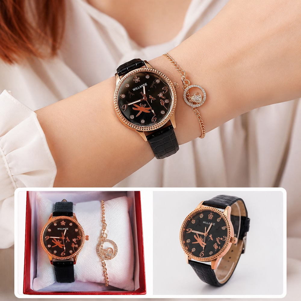 Reloj con Correa Cuero PU Set con Cadena en Cajita Negro