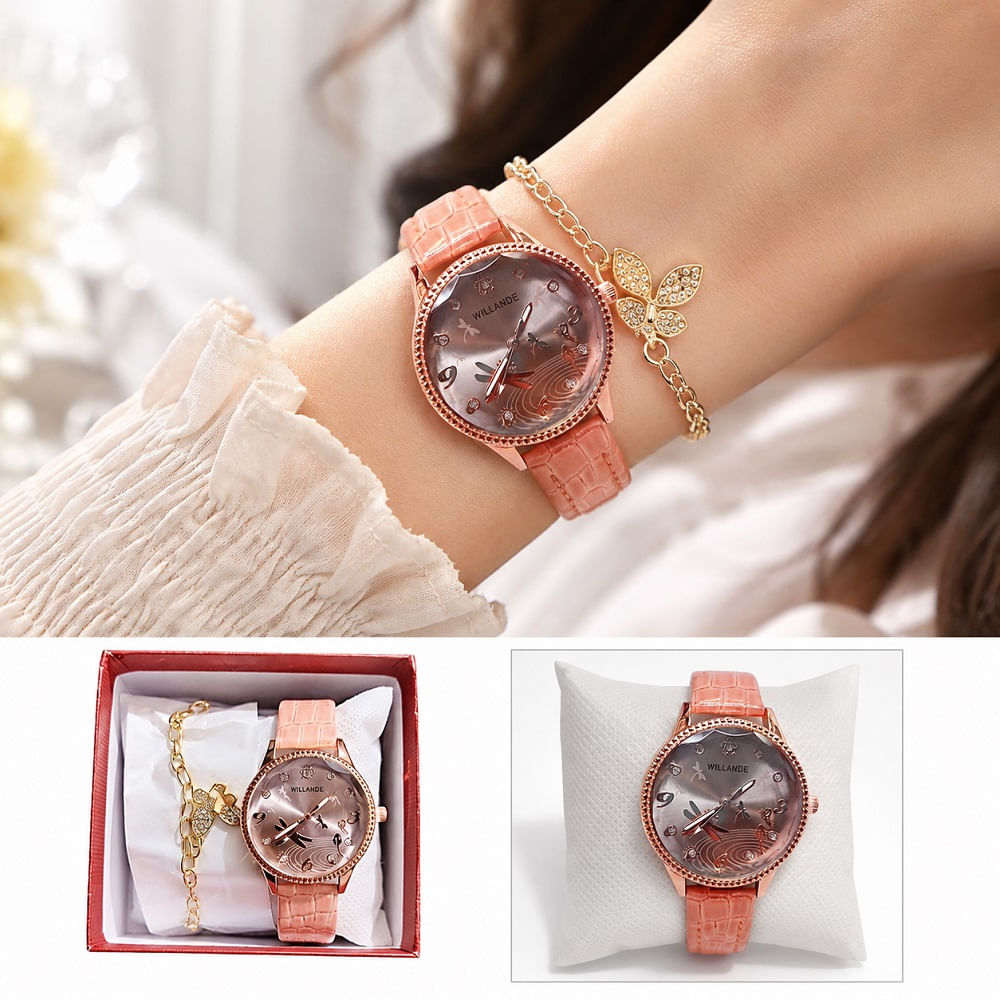 Reloj con Correa Cuero PU Set con Cadena en Cajita Rosa