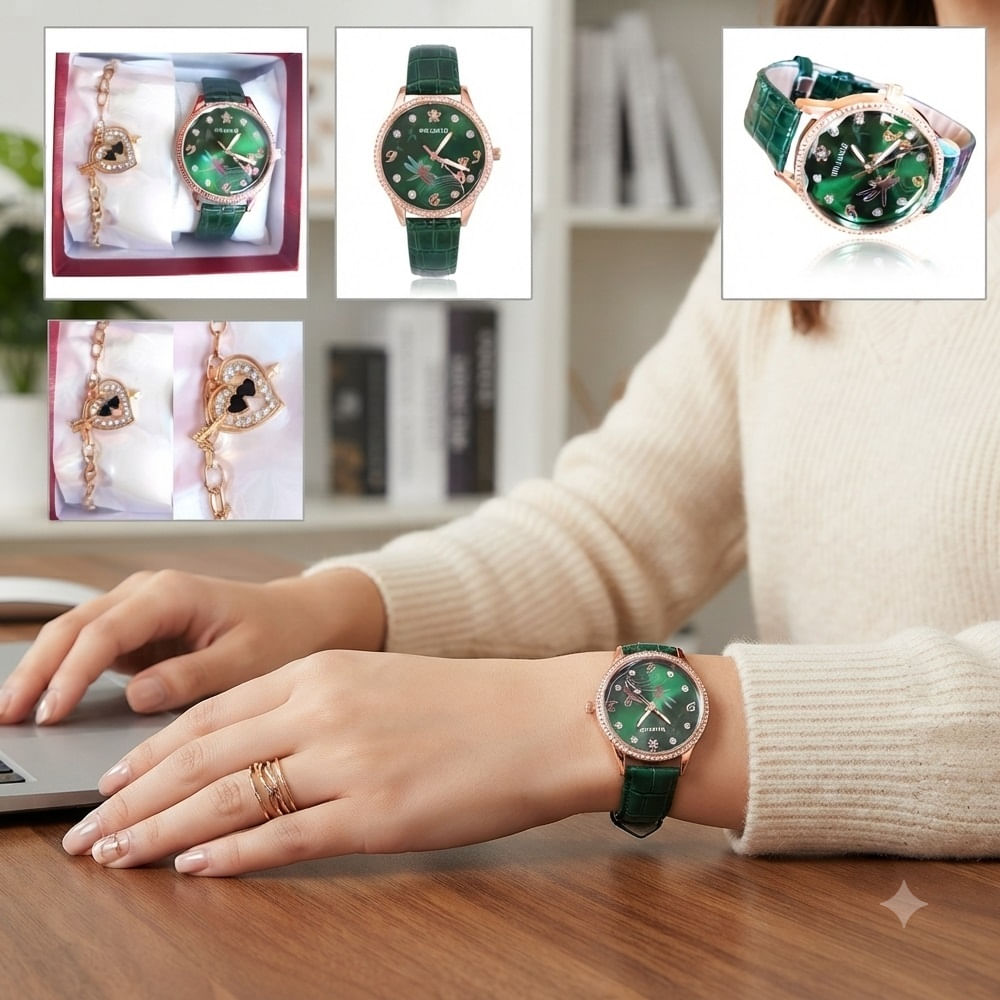 Reloj con Correa Cuero PU Set con Cadena en Cajita Verde