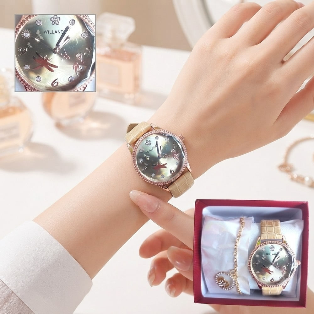 Reloj con Correa Cuero PU Set con Cadena en Cajita Beige