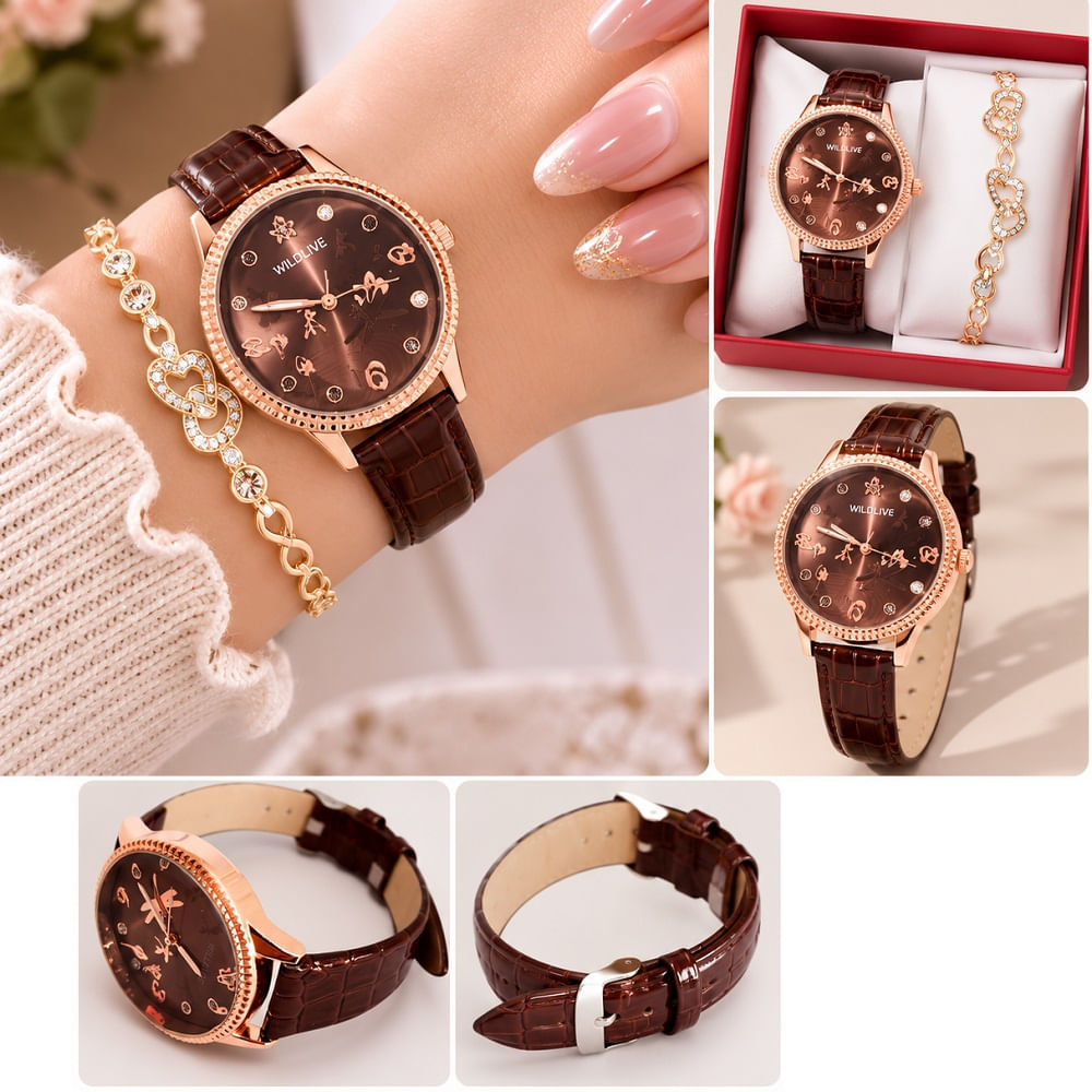 Reloj con Correa Cuero PU Set con Cadena en Cajita Marron