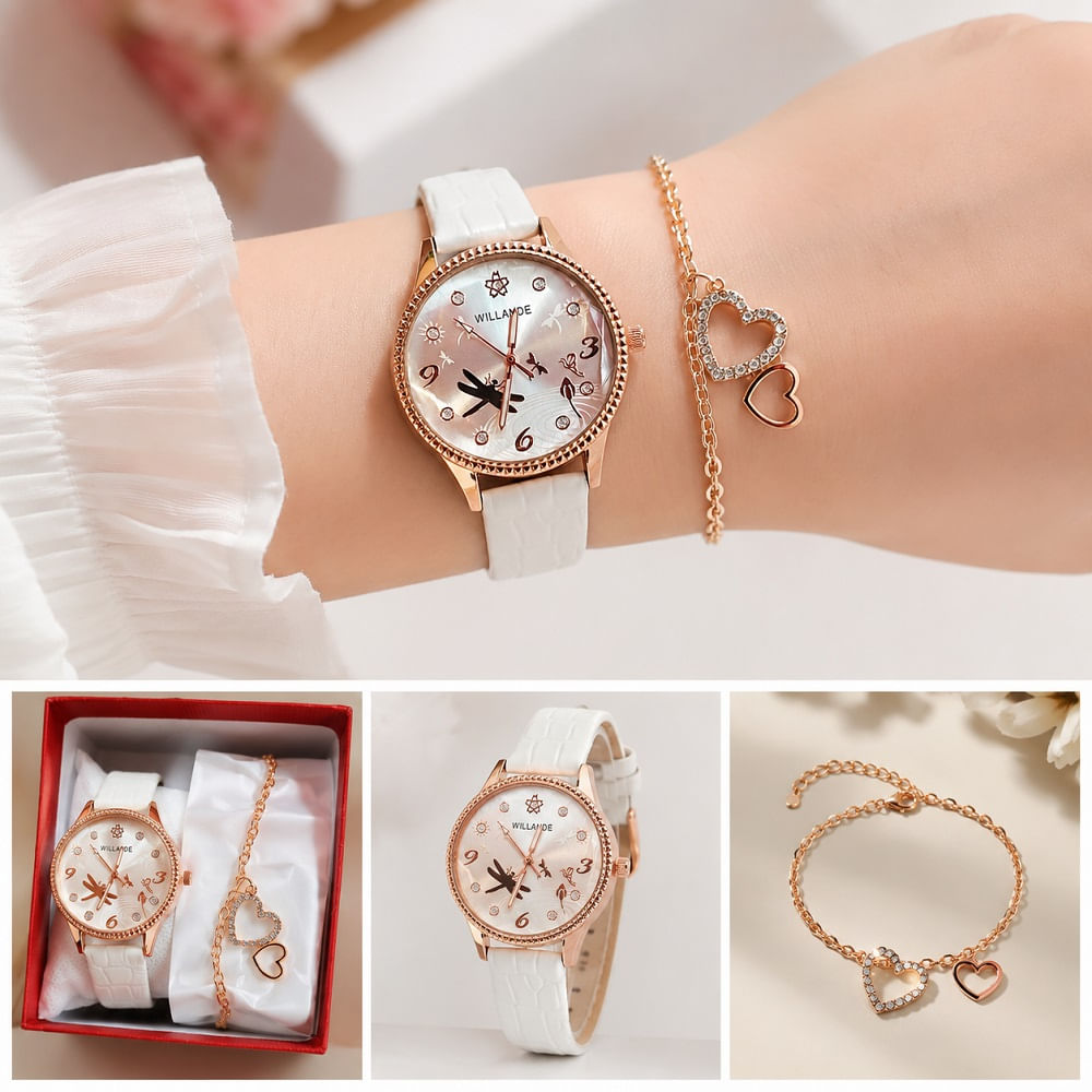 Reloj con Correa Cuero PU Set con Cadena en Cajita Blanco