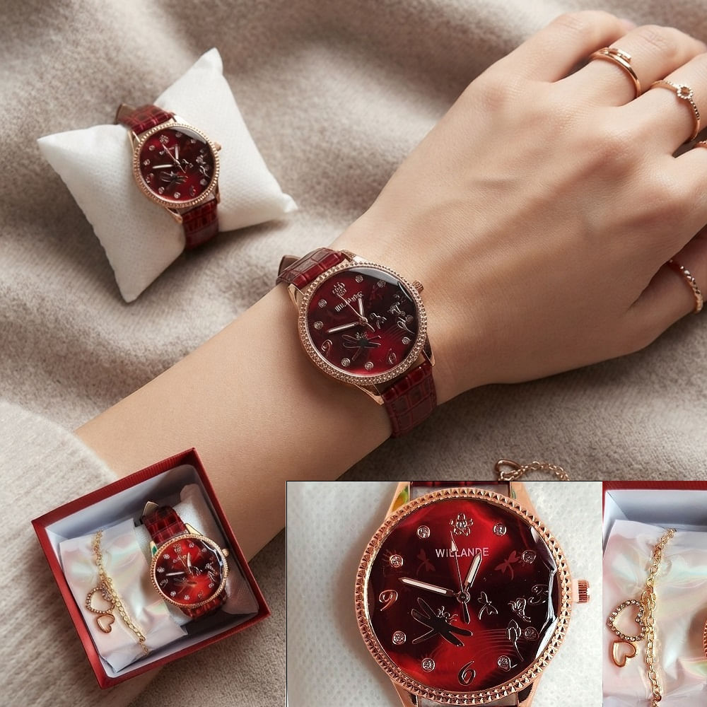 Reloj con Correa Cuero PU Set con Cadena en Cajita Rojo
