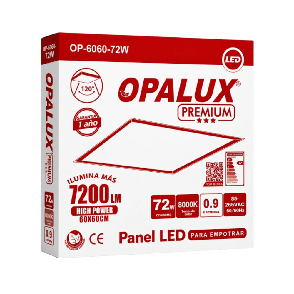 Panel LED de 60x60cm 72W 7200 Lumenes luz Blanca Para Empotrar OPALUX OP-6060-72W
