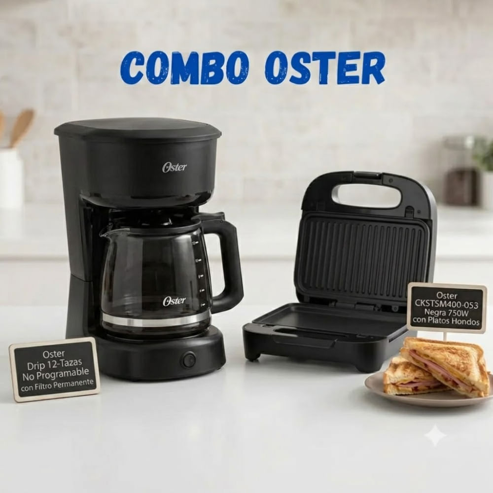 Sandwichera Oster CKSTSM400-053 Negra MAS Cafetera Oster BVSTDCS12B-053 Negra 12 Tazas