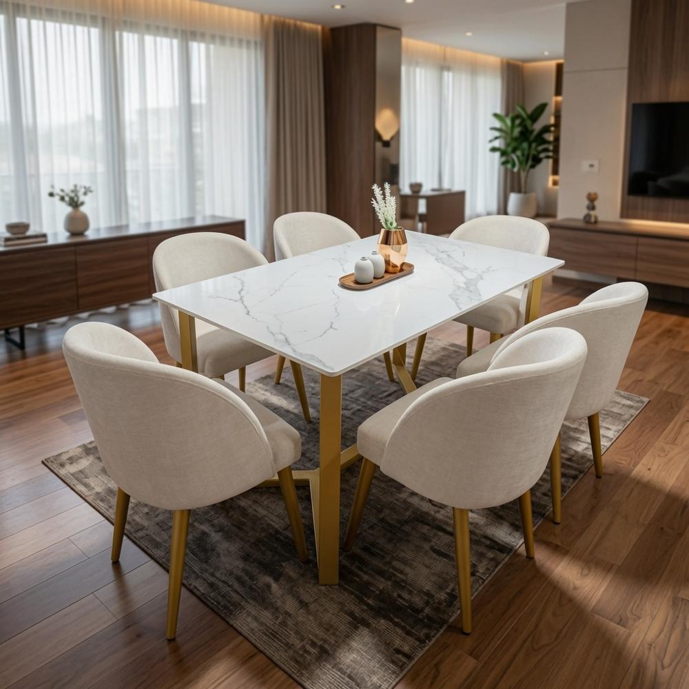 Juego de Comedor Áurea 6 Sillas con Estructura Dorada TU MESITA Juego de Comedor Elegante Áurea 6 Sillas con Estructura Dorada TU MESITA