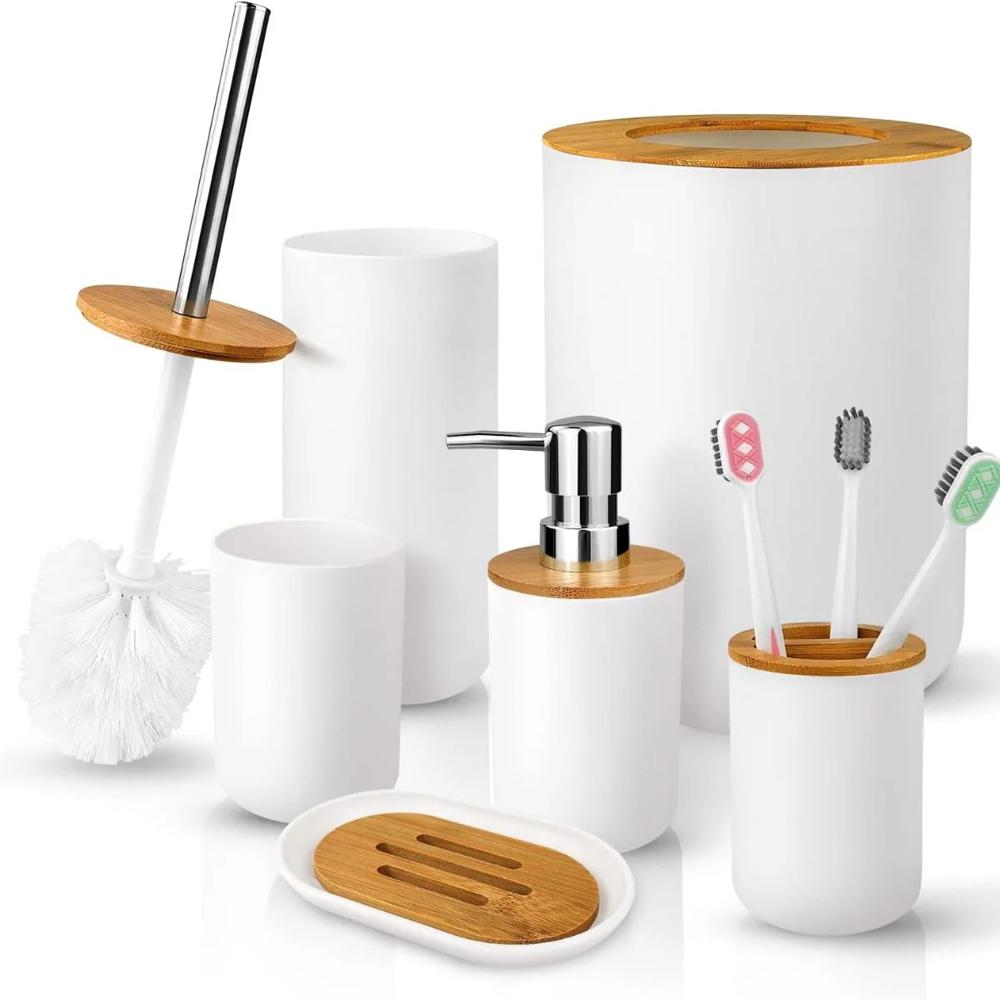 Set de Baño con Bambú Estilo Moderno de 6 Piezas Aura Blanco Hueso  576BL03