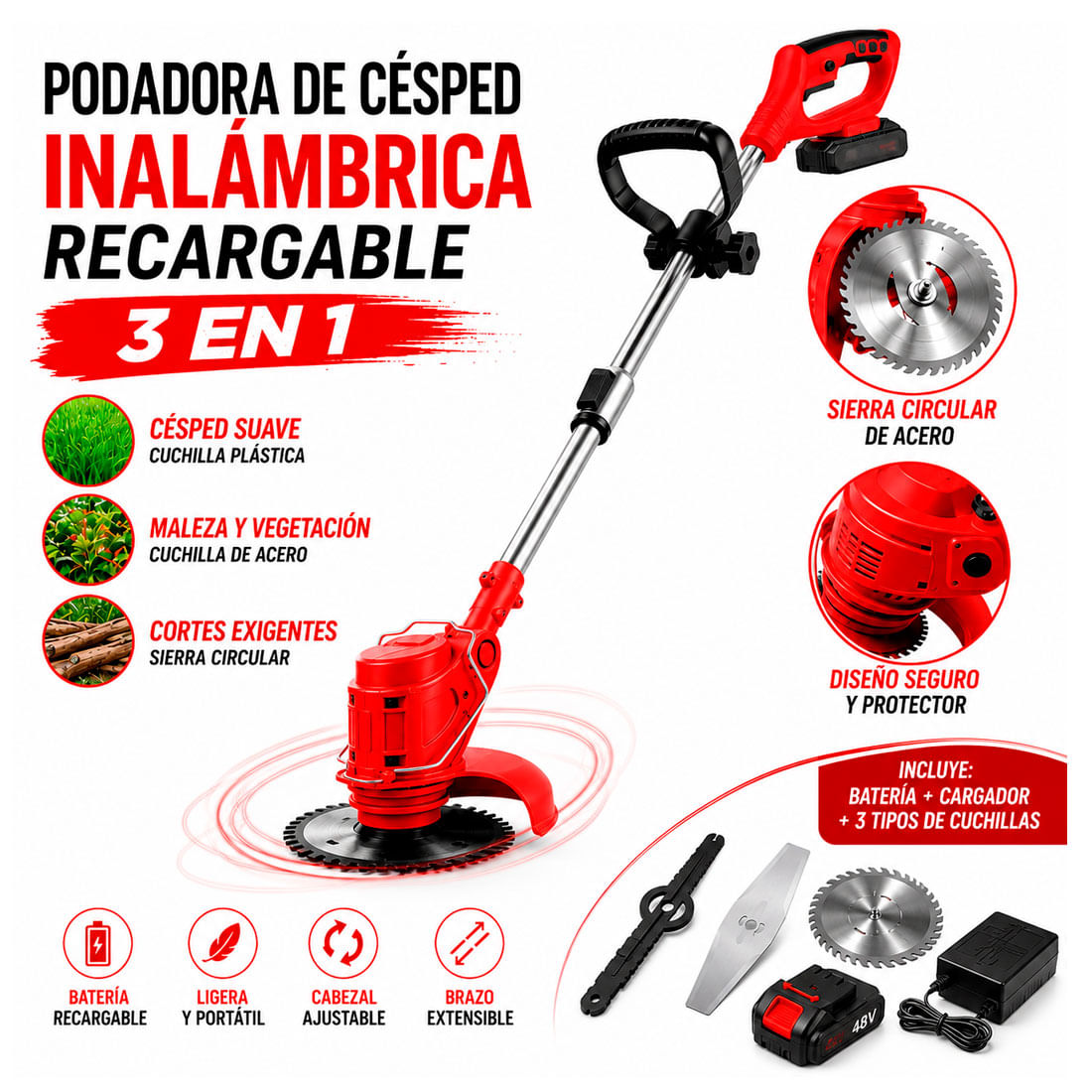 Cortadora de Césped Inalámbrica Multifunción Color Negro