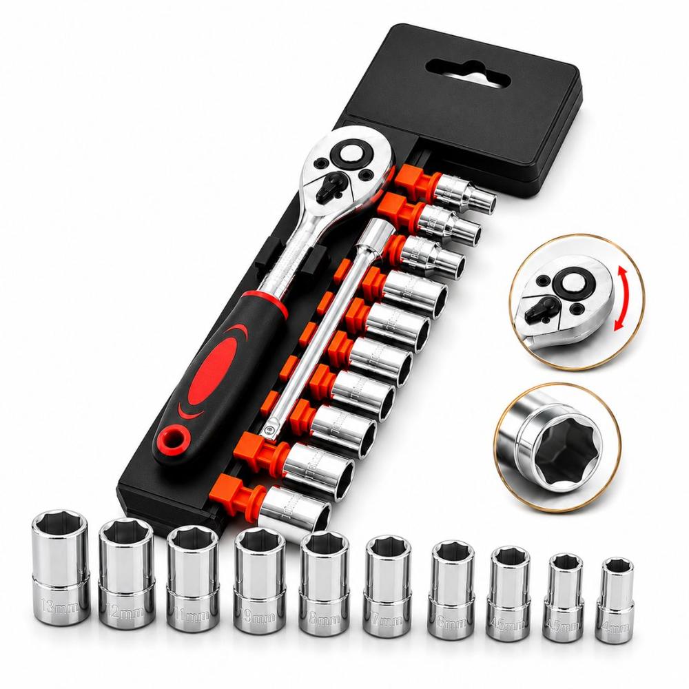 Juego de Herramientas 12 Piezas Ratchet 1-4 pulgadas con 10 Dados de 6 Puntas