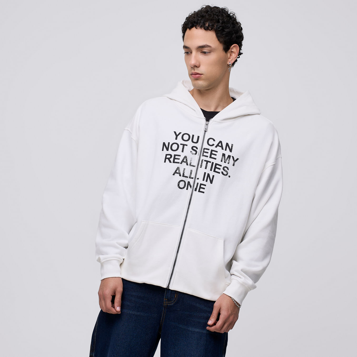 Polera Con Capucha Hombre Zip Text Hypnotic Blanco Talla XL