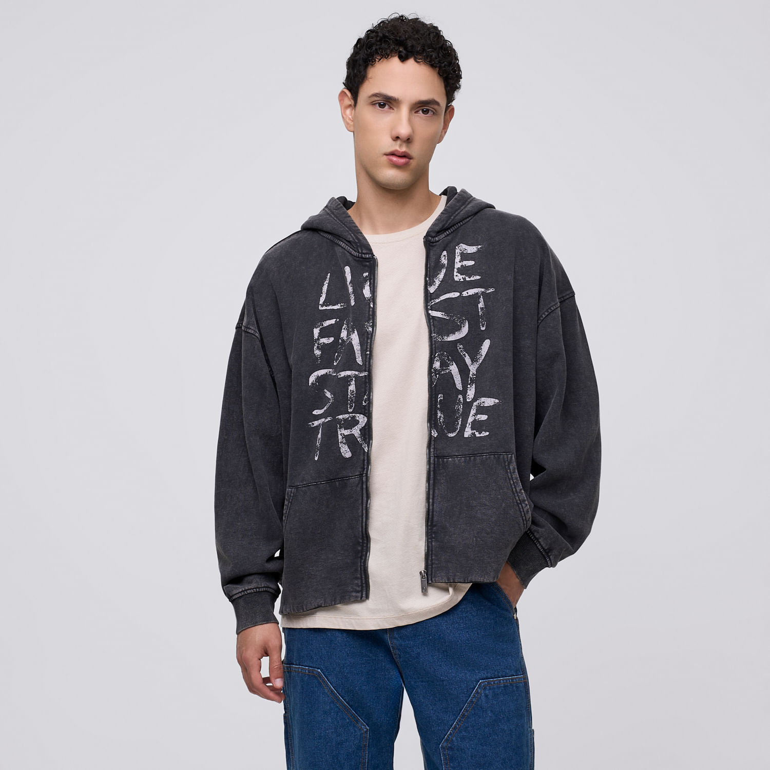 Polera Con Capucha Hombre Zip Text Hypnotic Charcoal Talla L