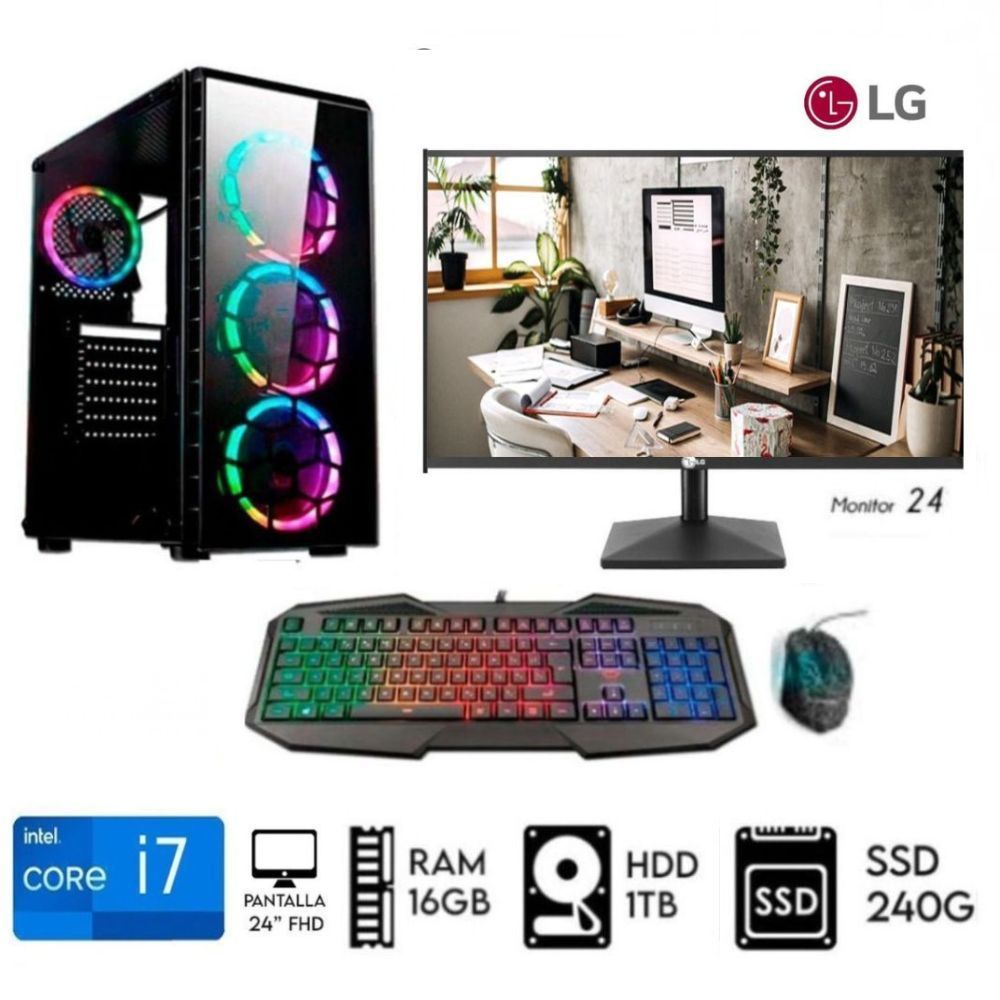 Computadora Pc Intel Core i7  Monitor 24LG  Ram 16GB  Disco 