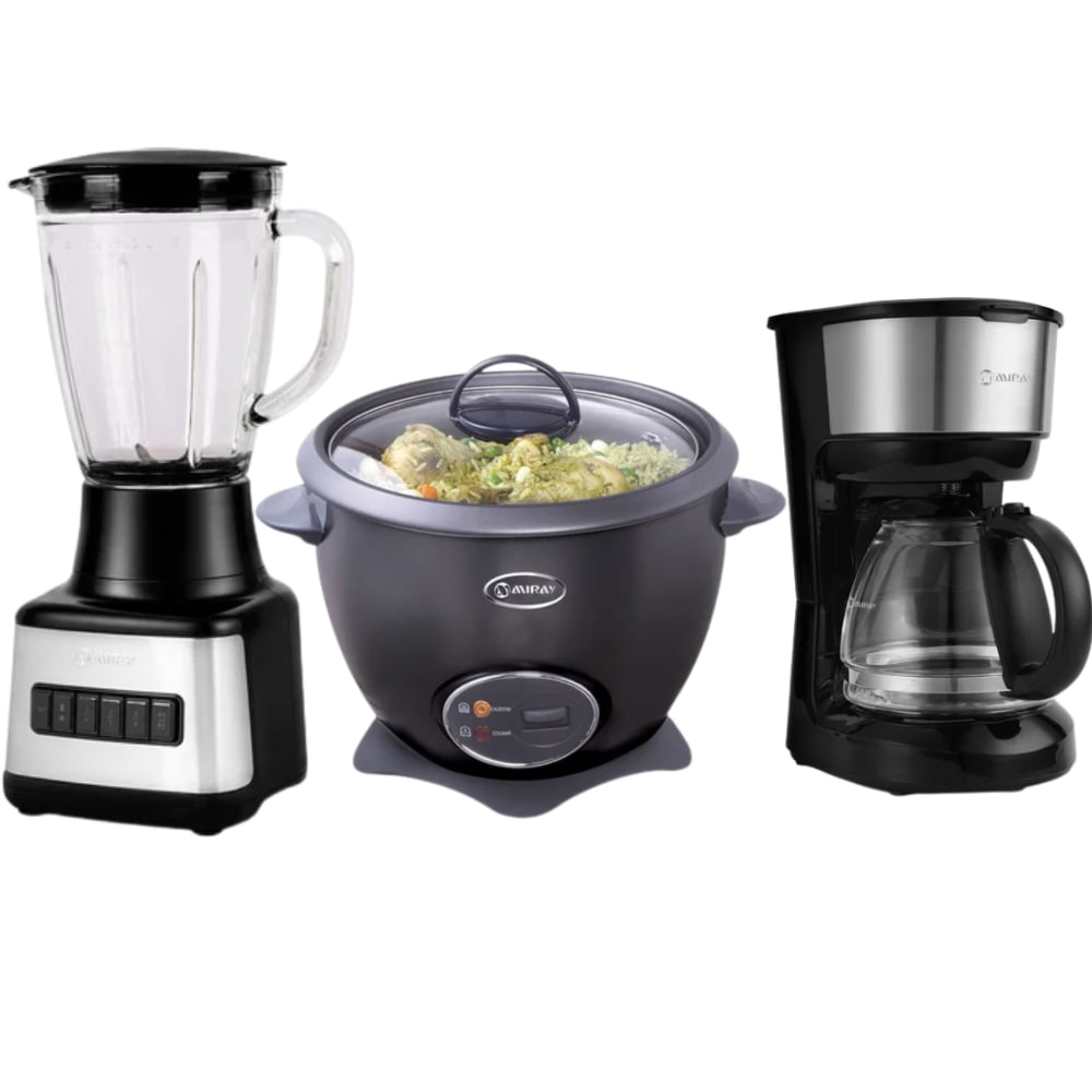 Combo Olla Arrocera Negro 1.5L Más Licuadora 1.5L Más Cafetera 6 Tazas