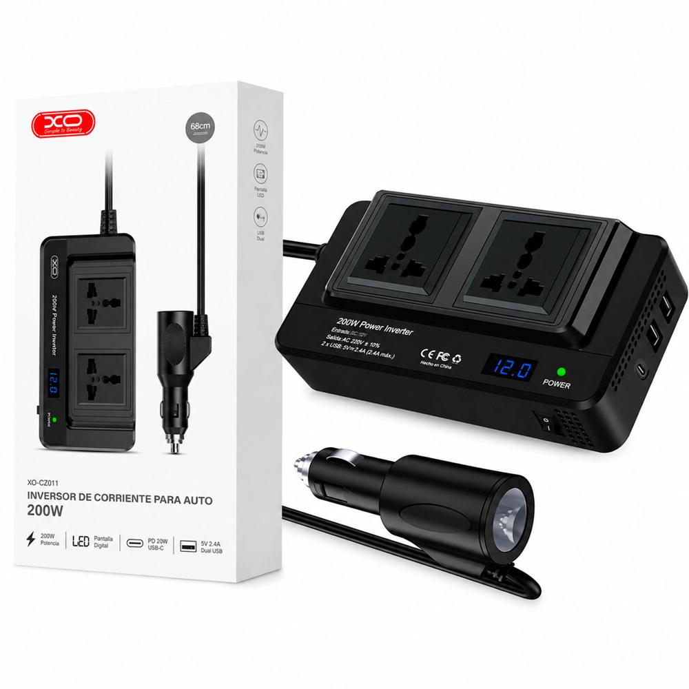 Inversor De Corriente XO CZ011 200W Para Auto Con USB Y USB-C