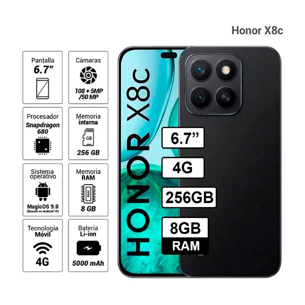 Celular HONOR X8c 8GB RAM 256GB Cámara 108MP Negro