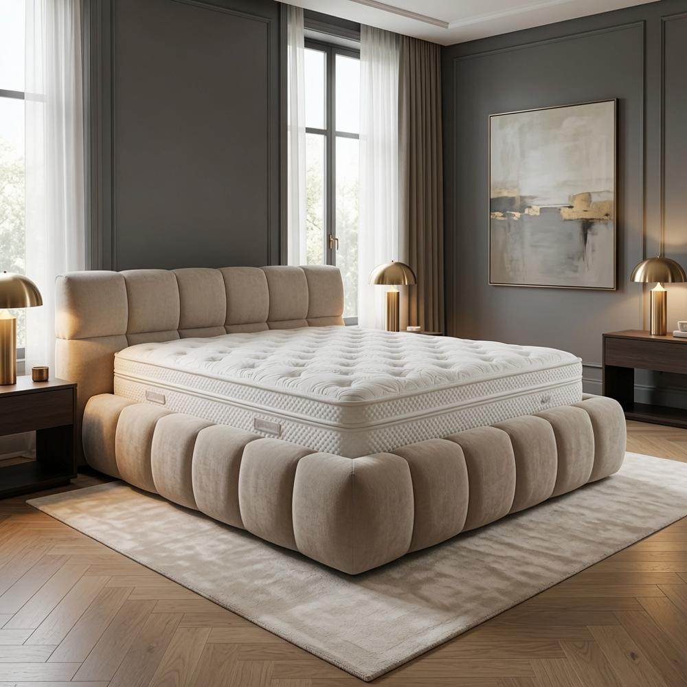 Cama Box Kiara 2 Plazas Beige Sofisticado Tarima y Cabecera TU MESITA