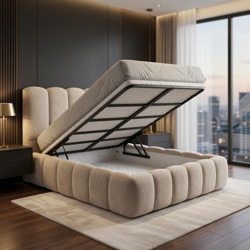 Cama Box Oriana Hidráulica 2 Plazas Beige Tarima + Cabecera + Sistema Hidráulico TU MESITA