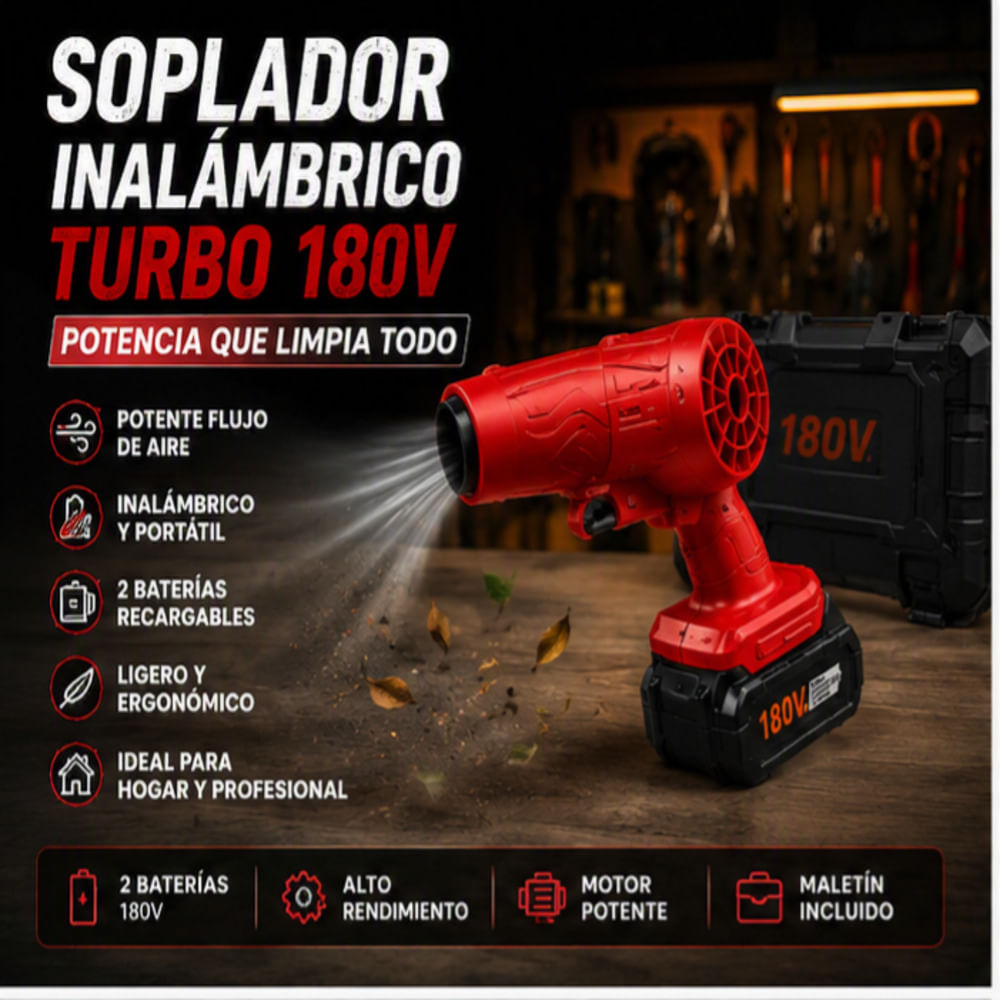 SOPLADOR INALAMBRICO TURBO 180V CON DOBLE BATERIA