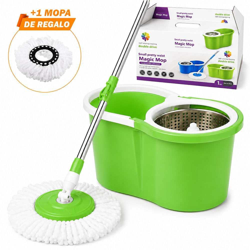 Trapeador con Escurridor Giratorio Automático 2 Mopas Verde BY1