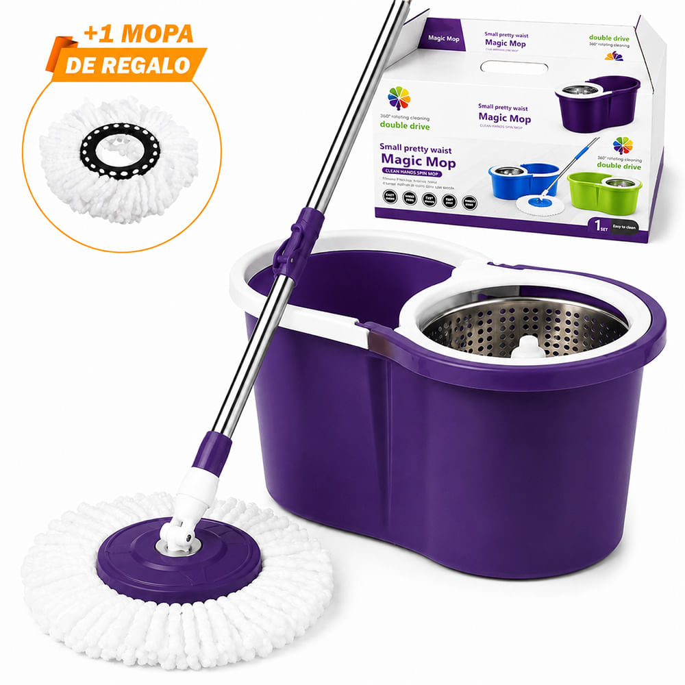 Trapeador con Escurridor Giratorio Automático 2 Mopas Morado BY1