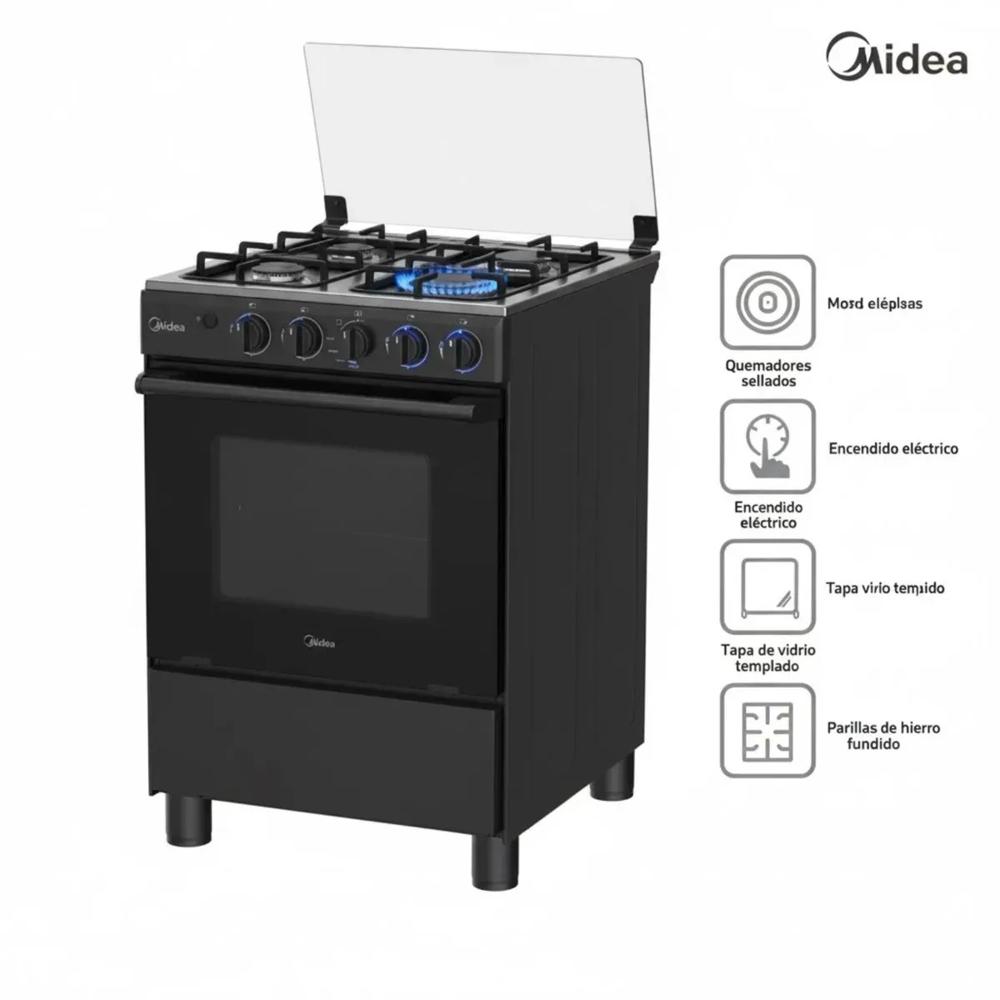 Cocina a gas Midea 4 Hornillas 24pulgadas 67 Litros Negro MGS24FS2LFABBC - 1 año de garantía - Nuevo