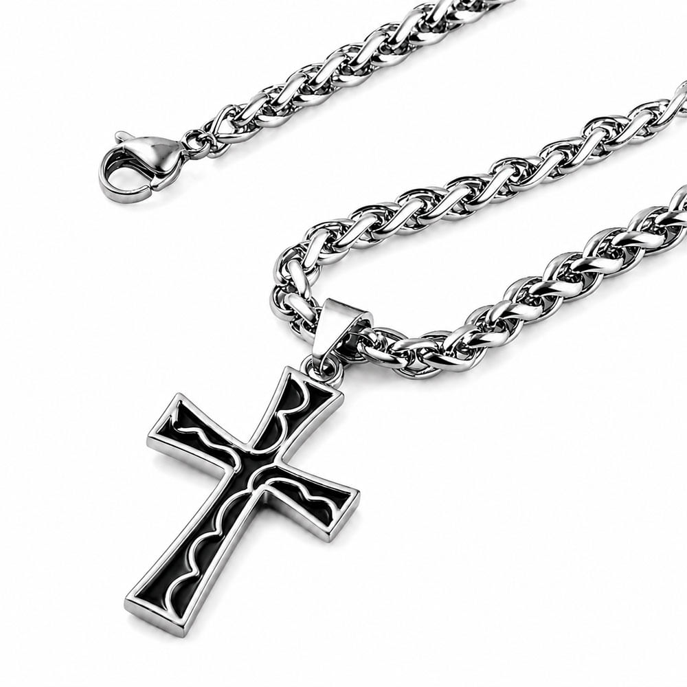 Collar Cruz Acero Inoxidable Con Cadena Cesta 3 Plateado