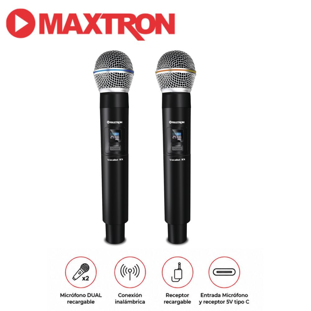 Micrófono Dual Maxtron Vocalist  RX - MX 7238 RX  Inalámbrico Recargable