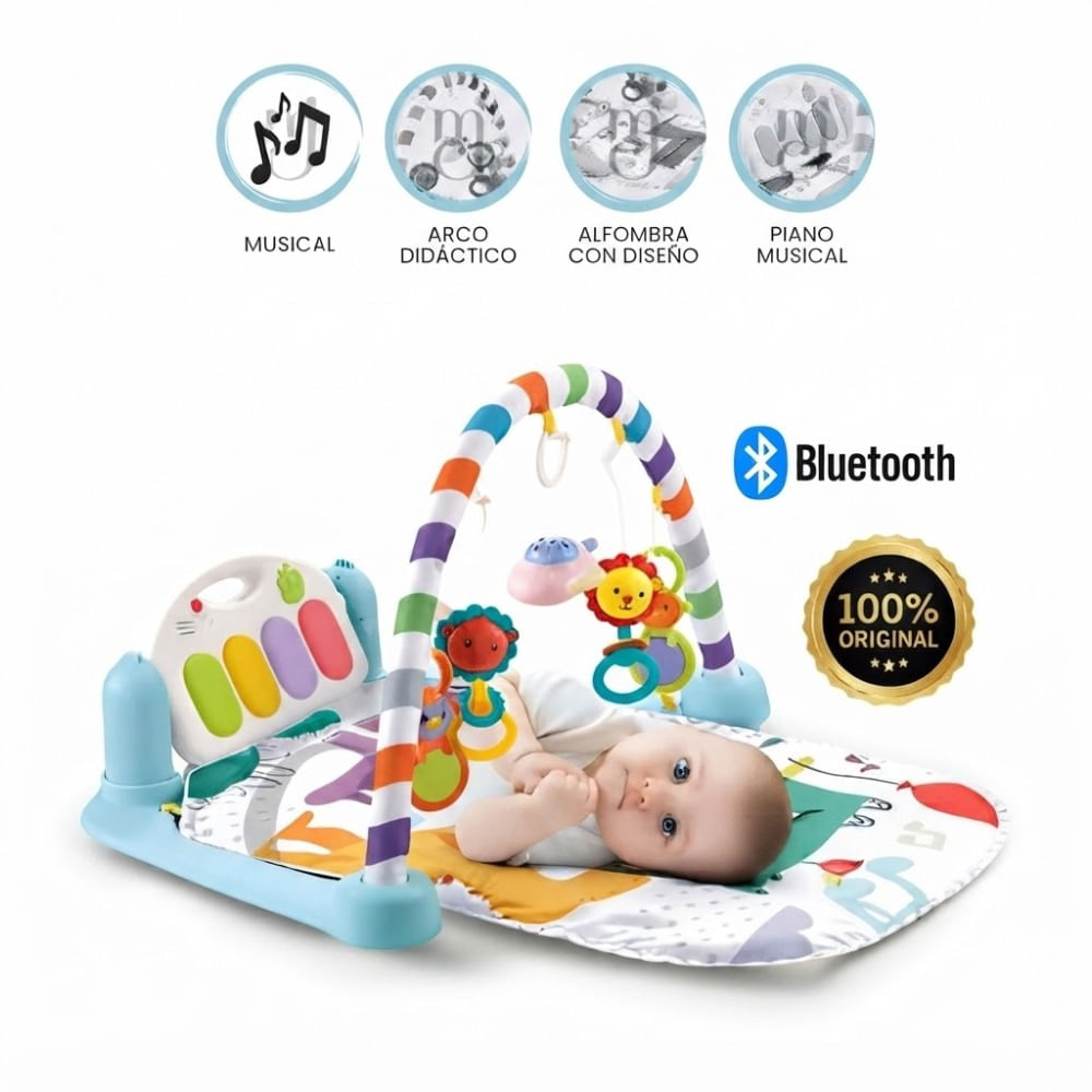 Gimnasio Musical Piano Bluetooth y Proyector Luces de Dinosaurios Para Bebé Azul Pastel