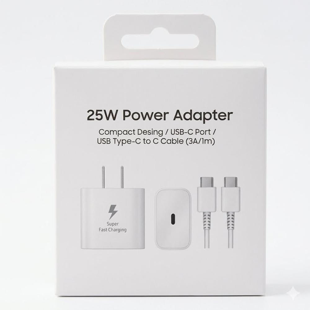 adaptador de corriente Samsung de 25W con diseño compacto y puerto USB-C.