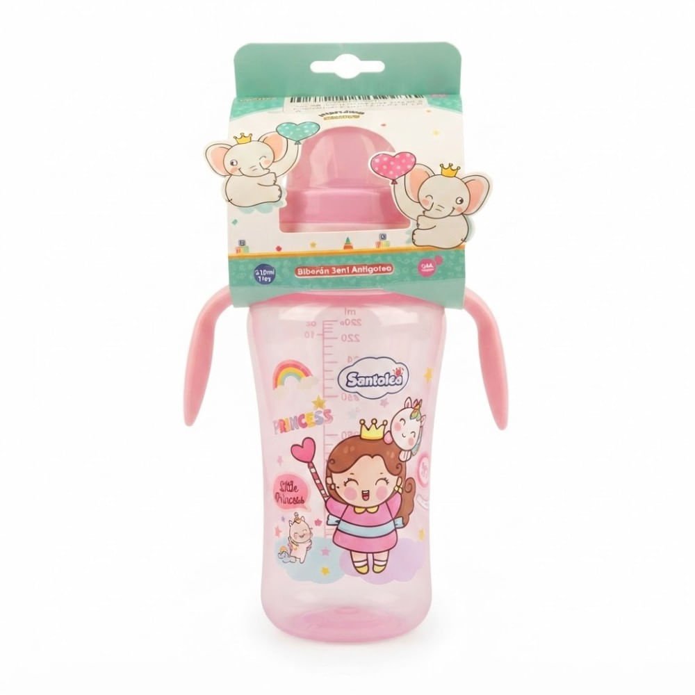 Toma Todo 3 en 1 Santolee Little Princess y Unicornio Biberón Antiderrames 320 ML Rosado
