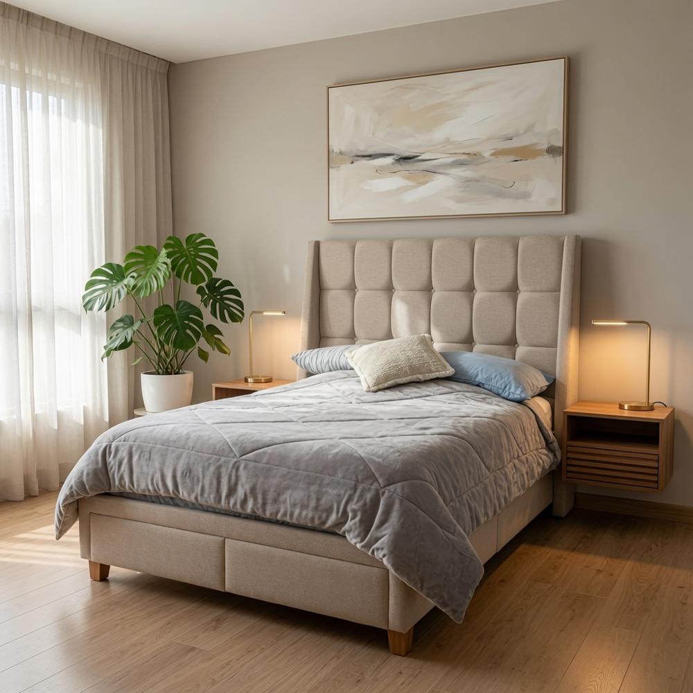 Cama Box Amelie Clasic 2 Plazas Beige Minimalista Tarima y Cabecera