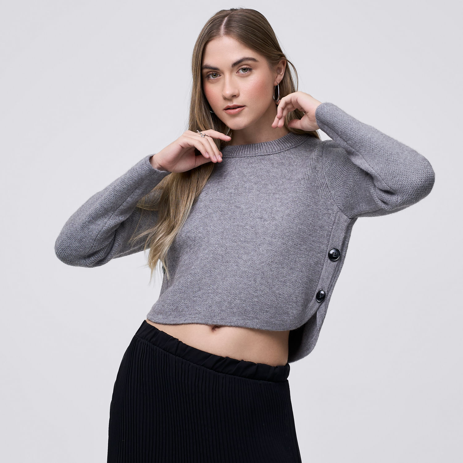 Chompa Mujer Boton Hypnotic Manga Larga Gris Melange M