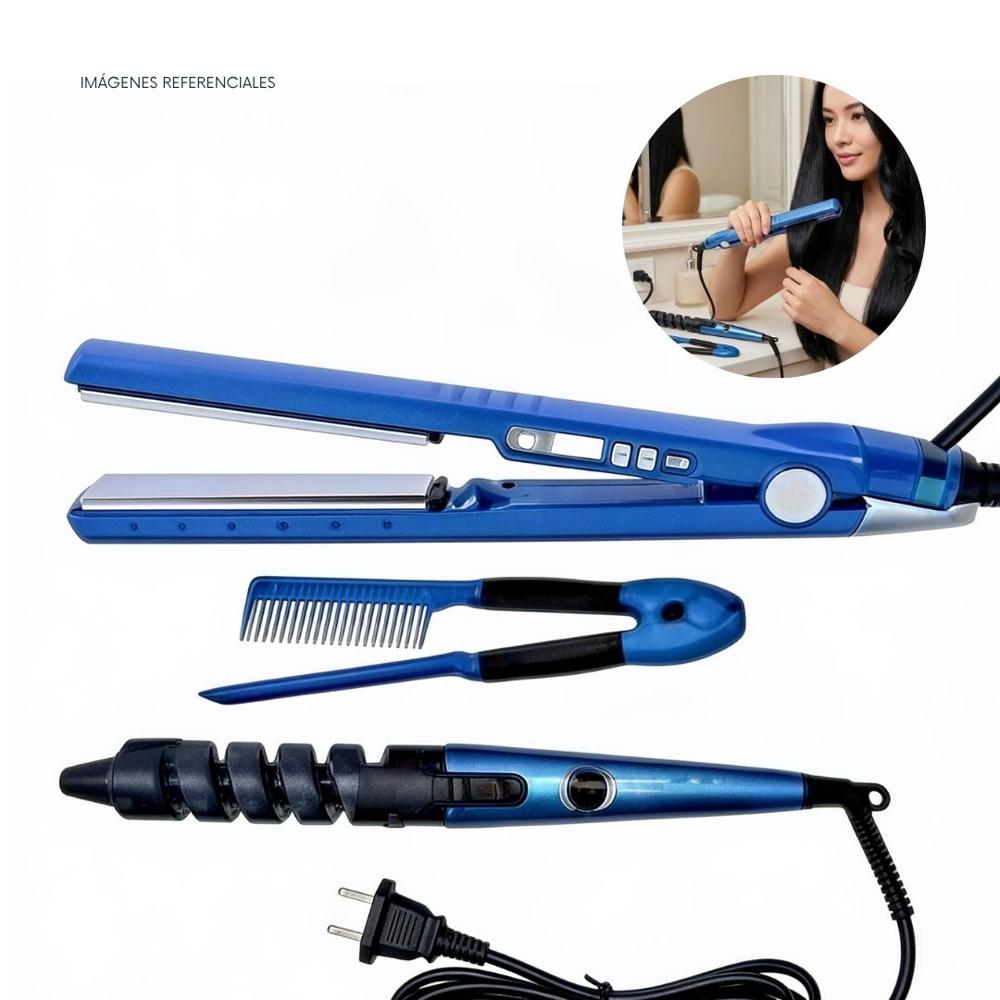 Kit Plancha para Cabello 3 en 1 con Rizador y Peine Alisador