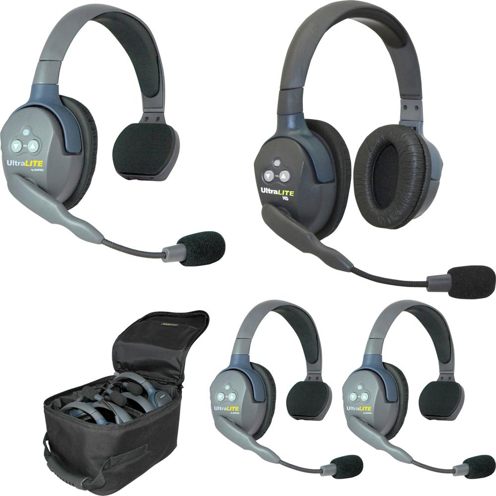 Eartec UltraLITE Intercom Inalámbrico de Dúplex Completo para 4 Personas con 3 Auricular