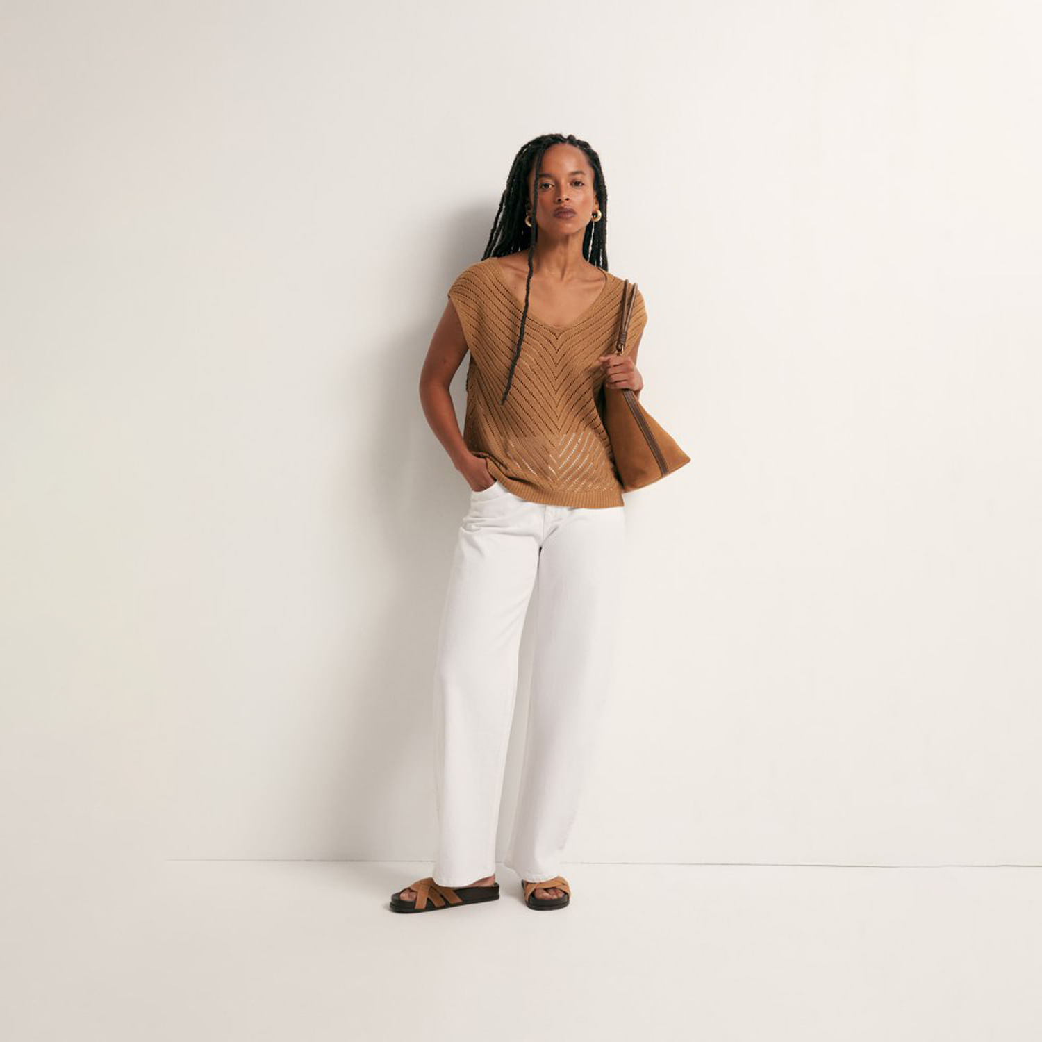 Top Cuello Pico Mujer Sfera Calado Beige M