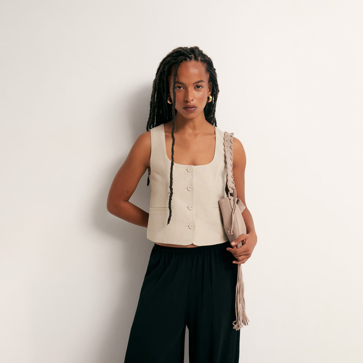 Casaca Mujer Sfera Lino Escote Redondo Beige L