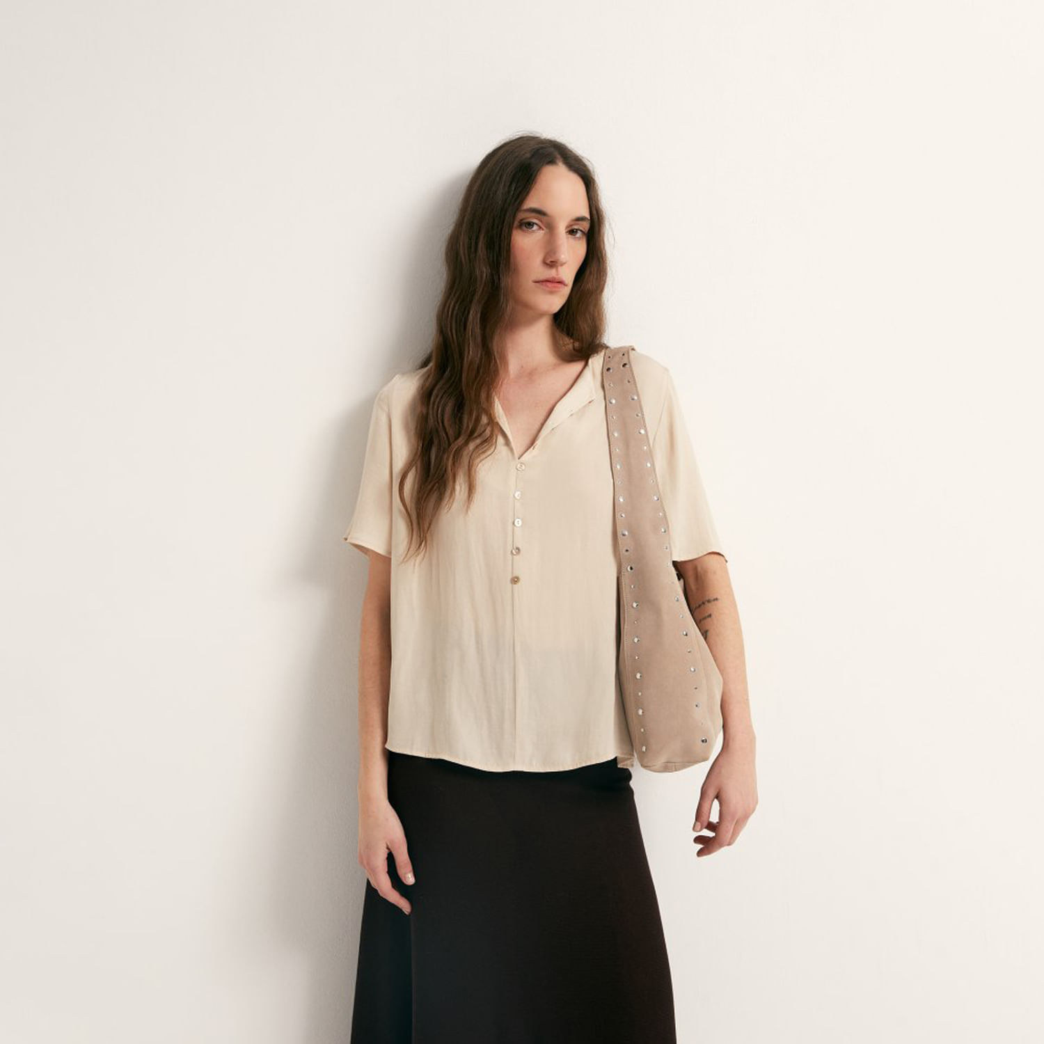 Blusa Mujer Sfera Manga Corta Botones Beige L