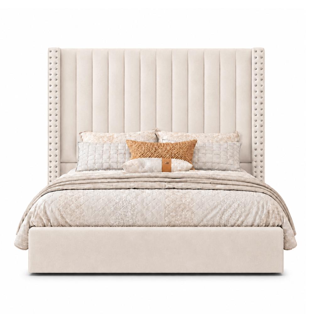 Cama Tapizada Listón con Tachuelas LeMueble Beige Queen