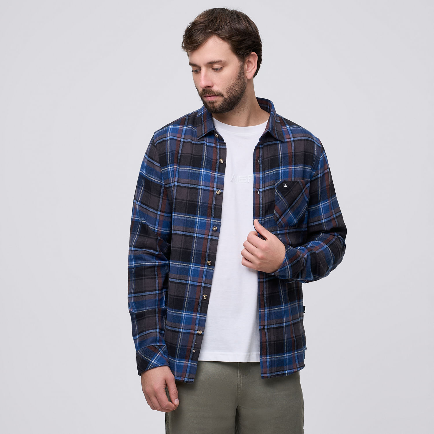 Camisa Manga Larga Hombre Flannel Checks Aereal Azul Talla L