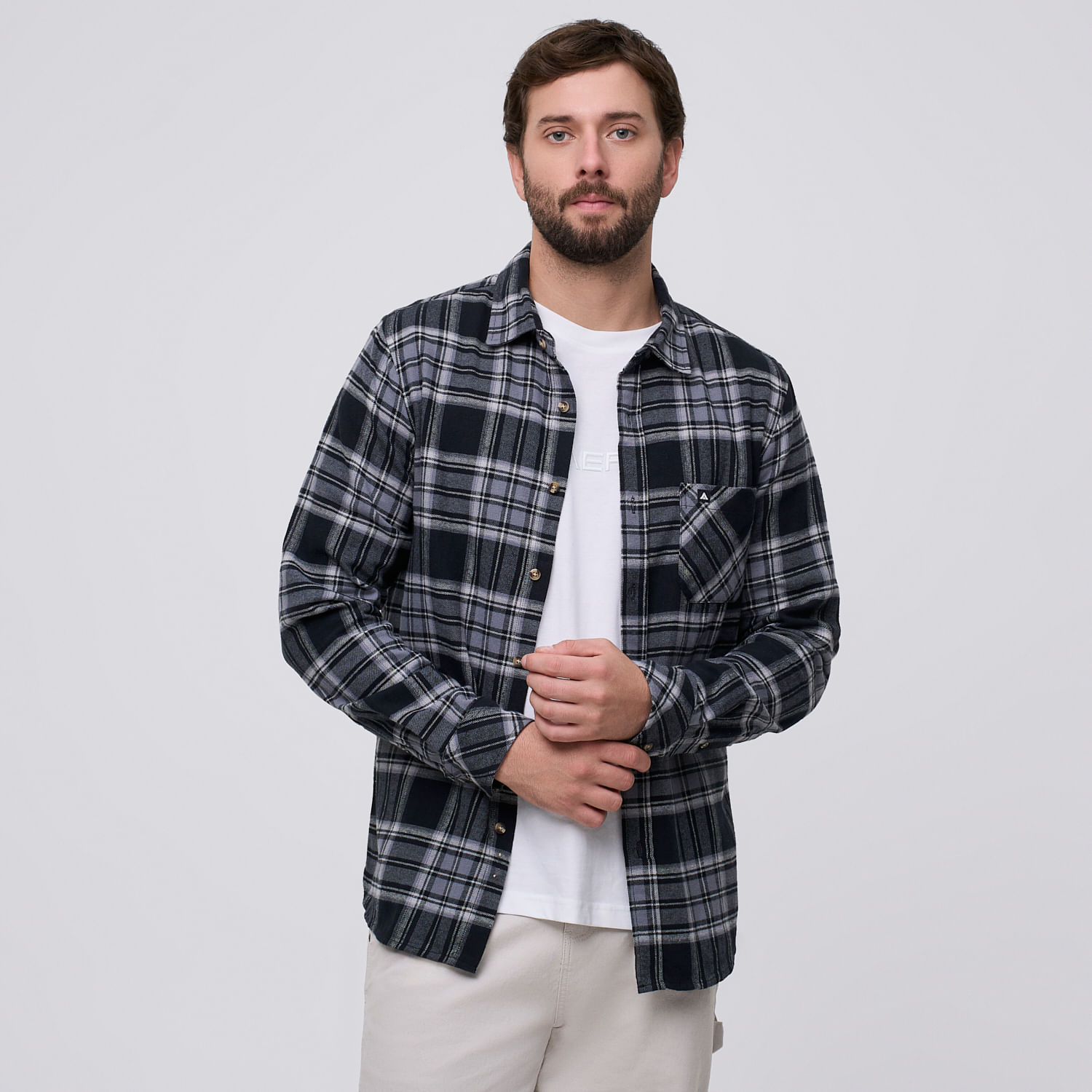 Camisa Manga Larga Hombre Flannel Checks Aereal Negro Talla S