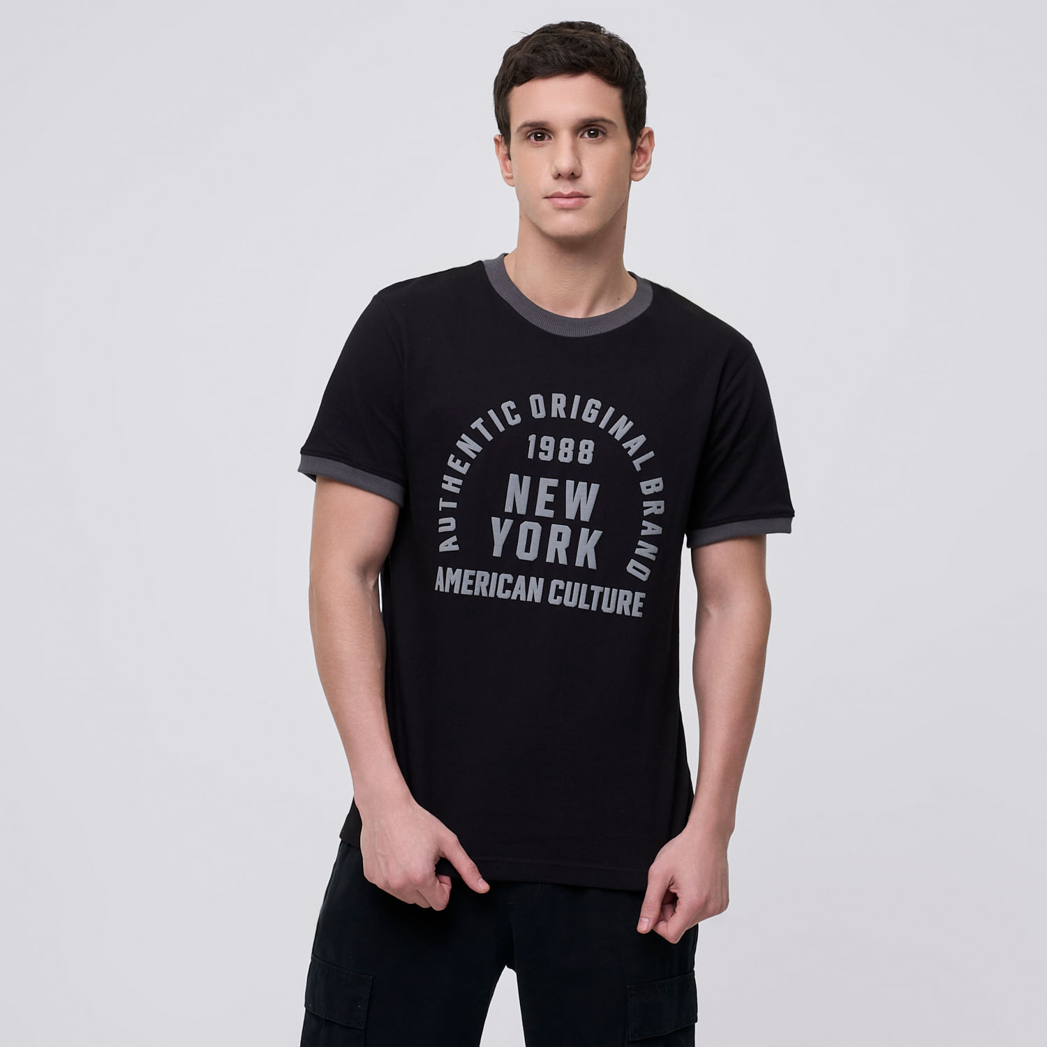 Polo Hombre Print Rib Amc Negro Talla M