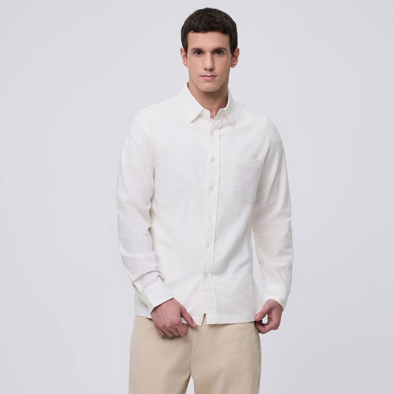 Camisa Manga Larga Hombre Lino Blend Amc Blanco Talla M