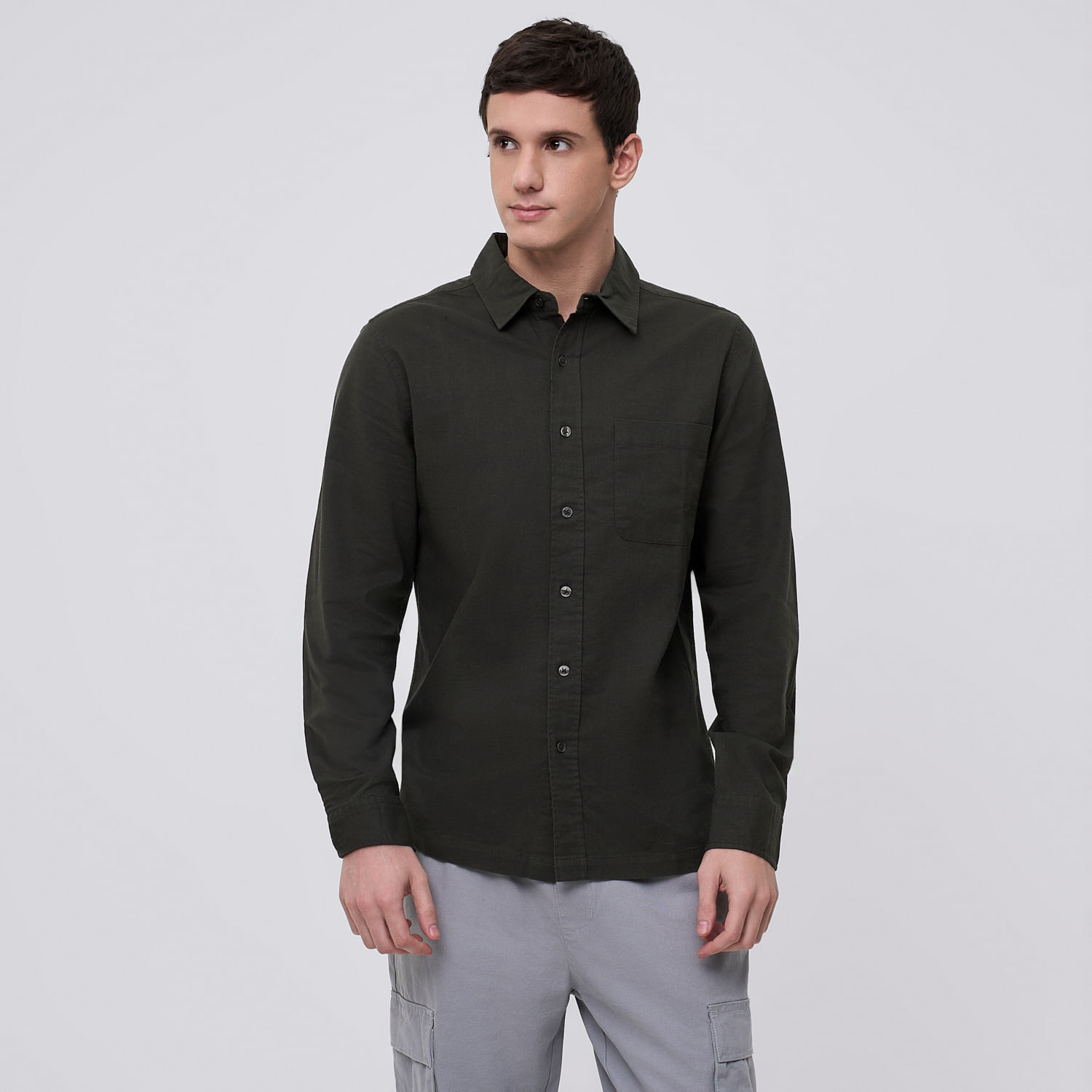 Camisa Manga Larga Hombre Lino Blend Amc Verde Talla XL