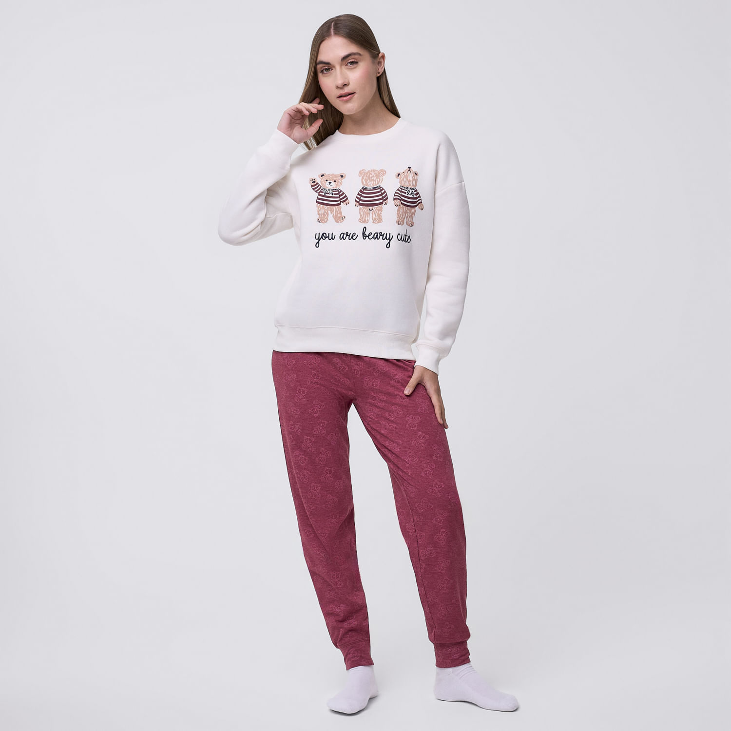 Pijama Mujer Franela + Legging Hypnotic Manga Larga Ecru Talla S