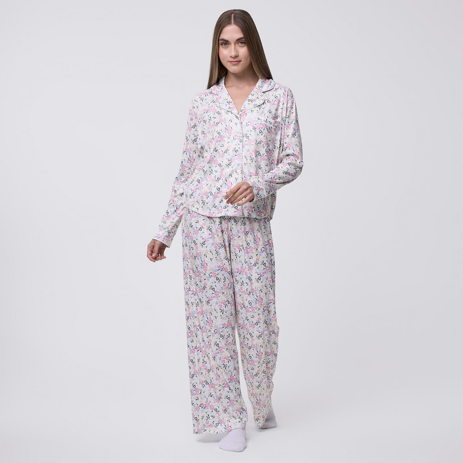 Pijama Mujer Camisero Rib Hypnotic Manga Larga Ecru Talla M